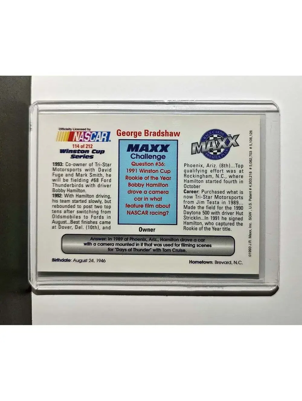 George Bradshaw 1993 Maxx Premier Plus Racing #114 NASCAR Tri-Star Motorsports